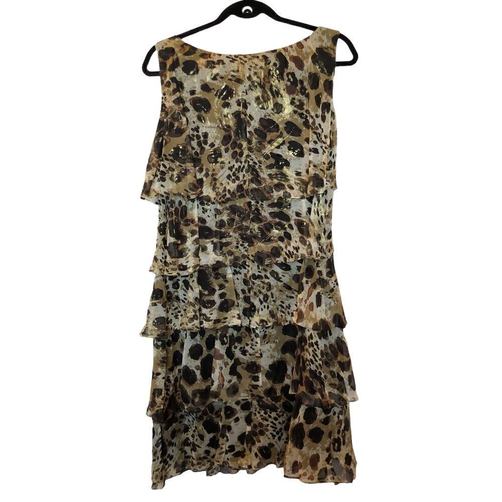 S.L. Fashions Midi Dress tiered ruffle sleeveless leopard print gold/black 14W - Picture 2 of 6